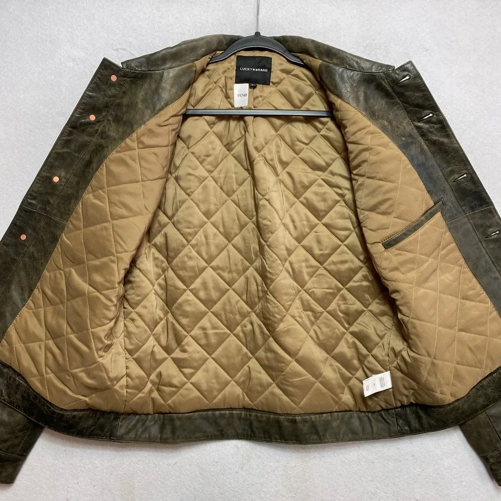 Lucky Brand Leather Trucker Jacket Mens M Olive Green Distressed Quilted Lining